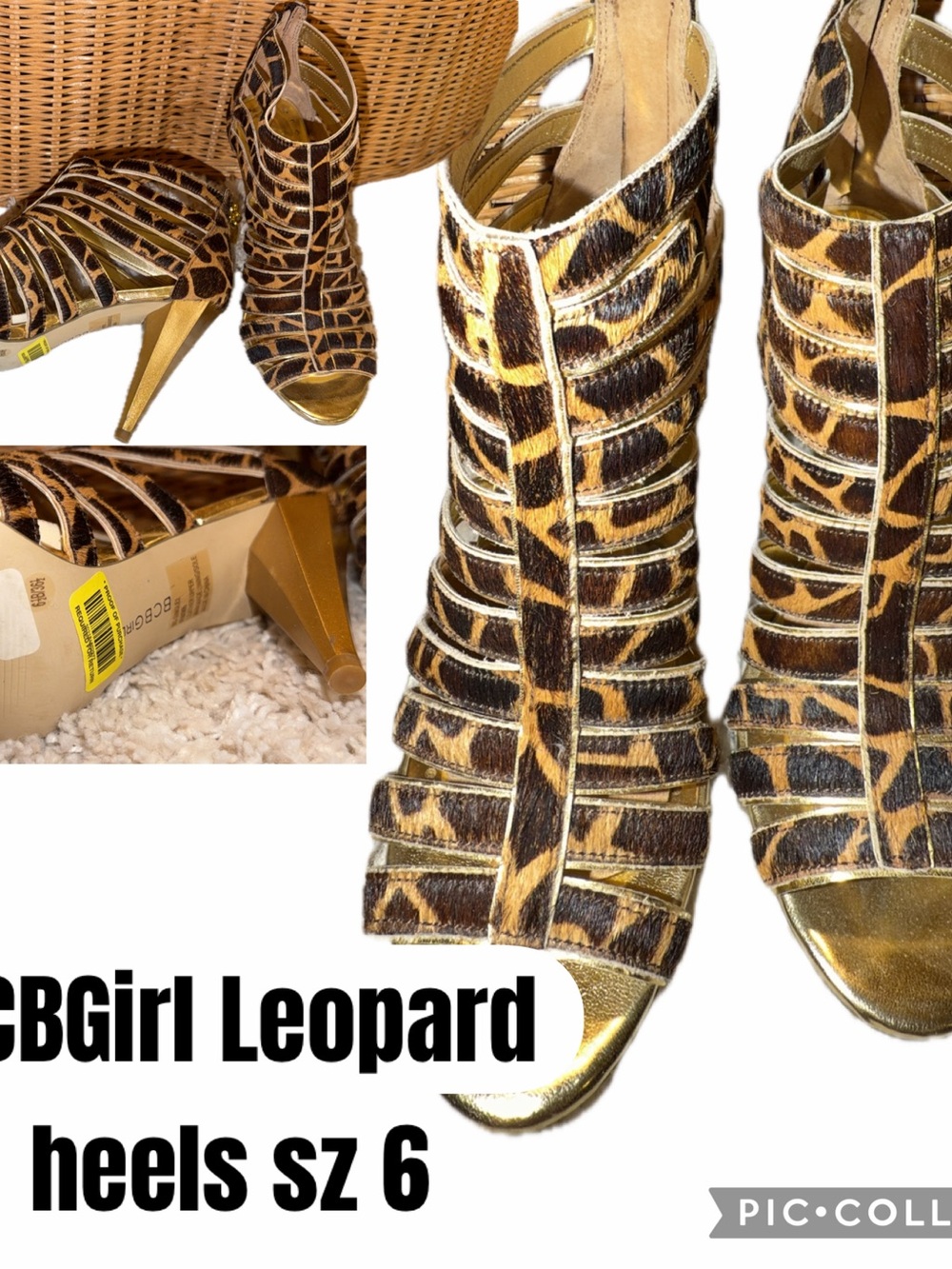 BCBGirls Leopard-Print Strappy Peep-Toe Heels with Gold Accents